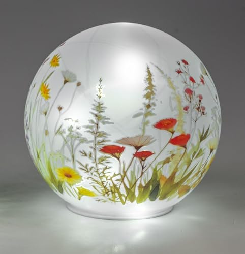 formano LED Deko Kugel Glas Blumenwiese 15 cm Matte Glasleuchte mit Blumen-Dekor - Timer 6h/18h, batteriebetrieben (3× AA), stimmungsvolles Ambientelicht für Tisch, Fensterbank & Regal
