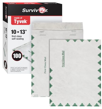 Quality Park Tyvek Envelopes, 100 Pack, Large 10 x 13 Envelopes, First Class Border, Easy-to-Open Tamper Evident Pull Strip, Rip, Puncture & Water Resistant Self Sealing Mailing Envelopes, White