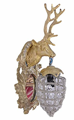 Wandleuchte „Hotel Jagdschloss“ | Hirschkopf Wandlampe im Rokoko Stil | Patiniertes Messing in Gold-Optik mit Kristallbesatz | Antike Reproduktion, Maße ca. 33×14×12 cm, nicht elektrifiziert