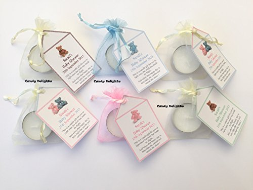 Bespoke Candy Delights 20 Personalised Baby Shower DIY Organza Bag Candle & Personalised Tag Favours Keepsakes