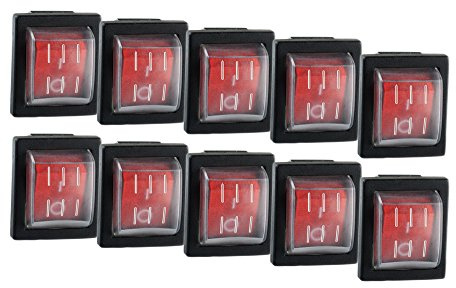 10x Wippschalter eckig rot beleuchtet 2-polig 250V 16A 30x22mm und 10x Schutzkappe