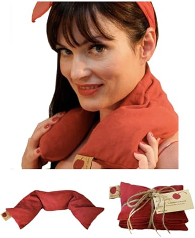 Neck Wrap Red Denim Cherry Pit-Stone Pillow, Microwavable Hot/Cold Compress, Sustainable Moist Heat Pack, Shoulder Pain Relief, Washable, Spa Gift.