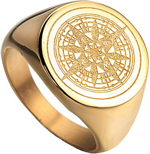 HIJONES Herr rostfritt stål retro kompass mystisk ring, guld rostfritt stål,