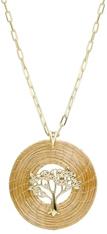 VERA NAVARRO - Collar con Colgante de Mandala Abierta Árbol de la Vida en Oro Vegetal Ø 45 mm - Cadena Chapada en Oro 42 cm - Hecho a Mano 100% Natural