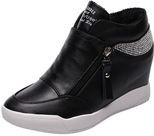 rismart Damen Keilabsatz Plateau Freizeitschuhe Mode Sneaker SN15018 (Schwarz Fell,40.5 EU)