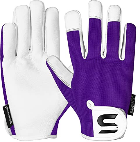 SAWANS Leather Gardening Gloves Ladies and Mens Thorn Proof Garden Gloves for Women and Men Ideal Gardening Gifts Durable Goatskin Work Gloves (M, Purple)