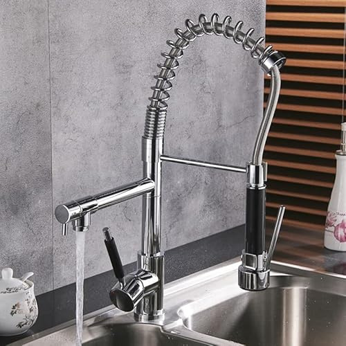 Kitchen Sink Faucet for Bar Farmhouse Commercial, Black/Chrome Brass Spring Type Kitchen Faucets,Fixed Support 360 Rotate Kitchen Faucet, Button Dual Spout Crane Sink Mixer Taps ( Color : Chrome , Siz