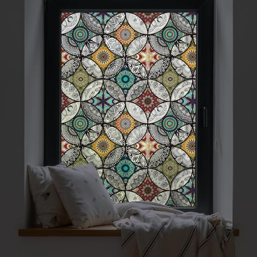 dktie Window Film Vinyl Non Adhesive Privacy Film,Stained Glass Window Film for Bathroom Shower Door Heat Cotrol Anti UV (Multicolor, 90x200cm)