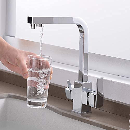Küchenarmaturen, verchromte Trinkwasserfilter-Wasserhähne, Spülbecken-Mischbatterie, 360-Grad-Drehgelenk, Doppelgriff, Deckmontage, gefilterter Kran für die Küche, 3-Wege-Quadrat-Stil It's so kind of
