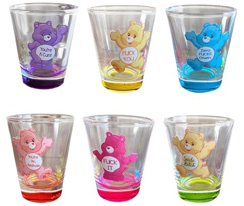 WEYSHHT Swear Bears Shot Glasses 6-Piece Set, Insulated Mini Care Bear Tumbler Glasses for Cocktail, Whiskey, Travel & Party