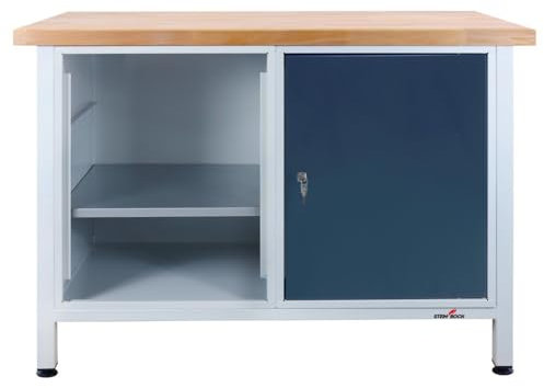 Steinbock Werkbank mit Tür und 2 Regalböden | 300 kg Tragkraft | HxBxT 84 x 120 x 60 cm | Anthrazitgrau | 4 cm Starke Massivholz-Arbeitsplatte | stabiles Stahlgestell | Made in EU | Profi-Werktisch