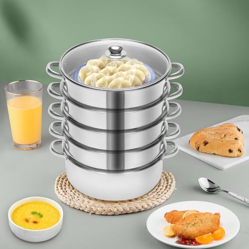 SONHANGIA Vaporera de Acero Inoxidable de 5 pisos Vaporera de 26 cm Adecuada para Cocinar al vapor albóndigas de maíz panecillos pescado