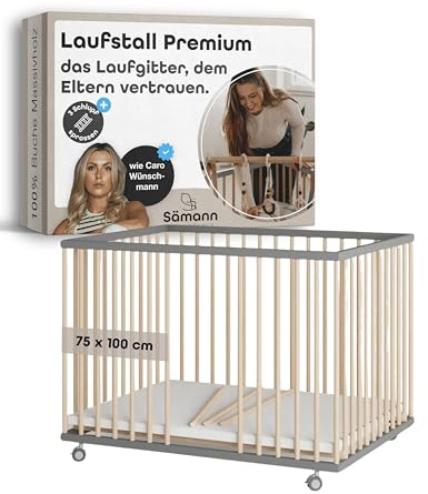 Sämann Laufstall Baby mit 3 Schlupfsprossen | TÜV geprüft | stufenlos höhenverstellbar | Laufgitter Premium | Babybett aus Holz | Krabbelgitter (grau/natur, 75x100 cm)