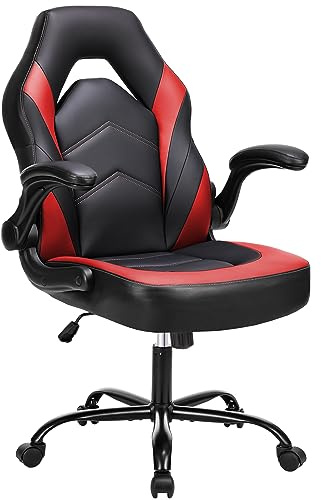 Sweetcrispy Datorspel, ergonomisk kontorsstol justerbar vridbar uppgift PU-läder racingstol med fällbart armstöd, svart röd, en storlek