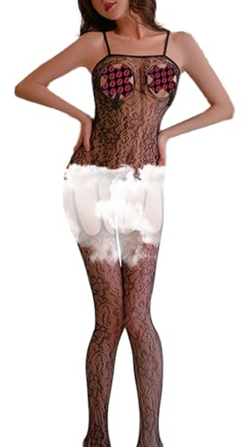 KONFEN Erotische Damen Dessous Frau Ouvert, Bodystocking mit Offene Spitze Fischnetz Bodys Dessous, Hohle Jumpsuit für Romantische Datum Tragen Reizwäsche, Schwarzer, Eine Grösse