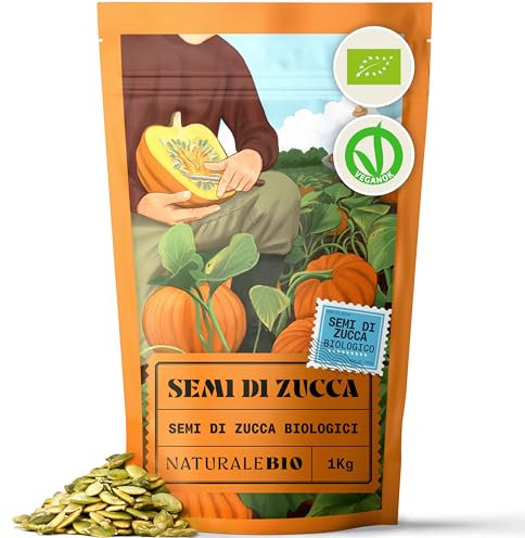 NaturaleBio Semi di Zucca Bio 1kg | 100% Biologici, Vegani, Senza Glutine, Non OGM | Ricchi di Nutrienti, Antiossidanti | Supportano Cuore, Ossa, Pressione Sanguigna | Ideali per Snack e Cucina