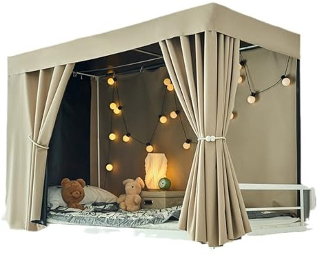 LUNCHS Bettvorhang Hochbett Verdunkelnd Und Atmungsaktiv für Fabrik-Schlafsaal Mit Zubehör Vorhang Hochbett Staubdicht(Curtain*3+top,BEIGE_1.2M)