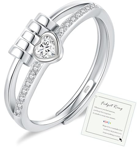 HEEYA Anxiety Ring für Damen Silber Ringe mit Geburtssteinen Herzring Angst Ringe Offen Verstellbar Anti-stress-ring mit Perlen Spinner Fidget Ring Frauen Hypoallergen Stimmungsring gegen Stress
