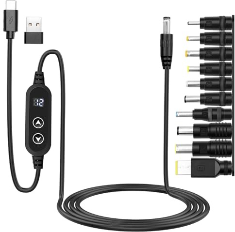 Hoembpn USB PD to DC Power Cable Charger Adapter 5V,9V,12V,15V,20V Adjustable Voltage Type C to DC 5.5 X 2.1mm Plug Universal Charging Power Supply Cord with 10 DC Conversion Heads(1.2m)