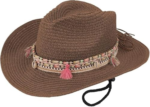 FakeFace Damen Sonnenhut Bohemia mit Breiter Krempe Strohhut Kappe Sommerhut Sommerhut UV-Schutz Strandhut mit Gürtel Retro-Panama-Schlapphut Cowboy Hut Westernhut für Frauen