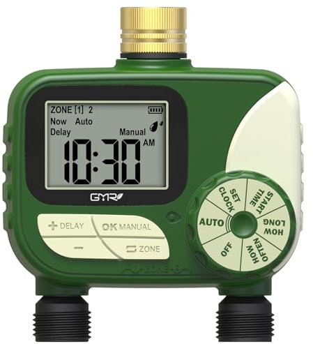 GMR Bewässerungscomputer mit Messingeinlass, Bewässerungssteuerung für Gartenschlauch, Bewässerungsuhr mit Regenverzögerung/Manuell/Automatisch, Bewässerungssystem für Garten, 2 Ausgänge