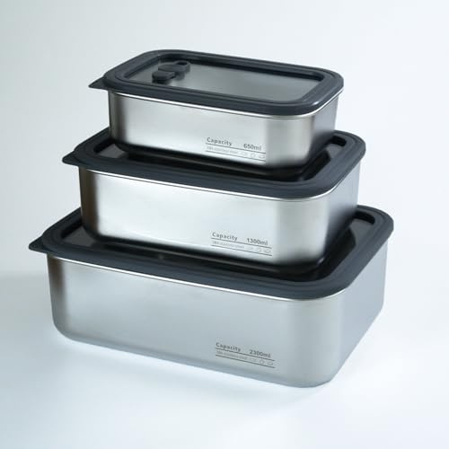 Stainless Steel Lunch Box Set with Glass Lids –3 Stackable Food Containers (650/1300/2300 ml | 22/44/78 oz), Airtight & Leakproof Double Silicone Seal, Oven/Freezer/Dishwasher Safe