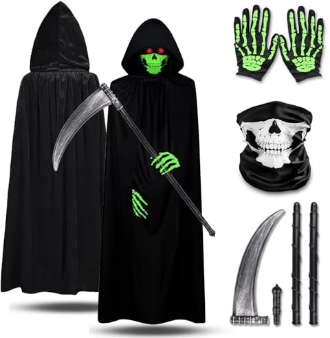 Huanmin Costume da Tristo Mietitore Bambino, Costume da Triste Mietitore, Cos-tume da Mieti-tore di Halloween, con Cappuccio Maschera, Guanti, Falce, per Halloween Carnevale Cosplay Vestire
