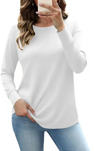 Totatuit Blusa Mujer Cuello Redondo Manga Larga Algodón Elástico Cómoda Estilo Versátil Trabajo y Relax Blanco，S