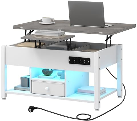TAUS Couchtisch Höhenverstellbar mit Stauraum, 4-in-1-Multifunktions-Wohnzimmertisch mit Schublade, Versteckter Stauraum, Steckdose, Kaffeetisch Umwandelbar in Esstisch für Wohnzimmer, Weiß und Grau