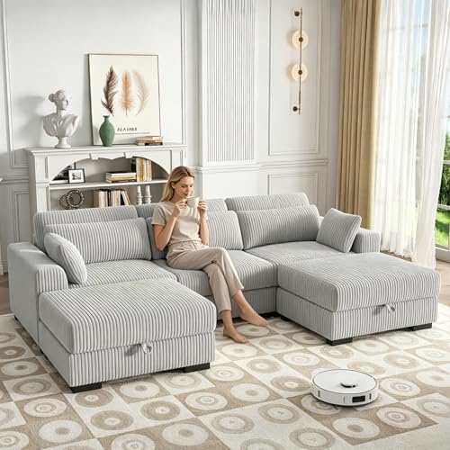 YNYHTER 3-Sitzer-Sofa, gepolstertes Wohnzimmer-Cheslong-Schlafsofa mit Chaiselongue, modulares Sofa, für den Boden, U-förmiges Sofa aus geripptem Samt mit Kissen und Ottomane (Grau)