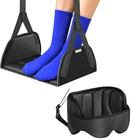 SARISUN Kit de Viaje en Avión 3 en 1 – Almohada de Viaje con Soporte para la Cabeza, Máscara de Dormir 3D,Reposapiés Anticolapso para Avión,Esenciales Portátiles,Vuelos Largos y Viajes por Carretera