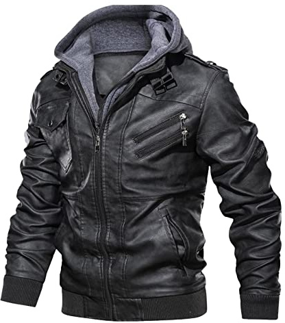 Generisch Chaqueta de cuero con capucha gruesa para hombre, invierno, con cremallera, corto, abrigo de moto, cálido diario, Negro , XL