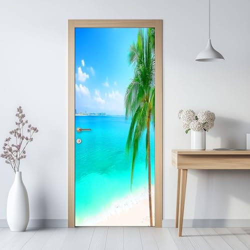 Blau Türtapete Selbstklebend TürPoster, Meer Strand Palmen Türfolie Fototapete PVC Wasserfest Türaufkleber Wandtattoo Für Schlafzimmer Wohnzimmer Tür Dekoration Stickers, 80 x 200 cm
