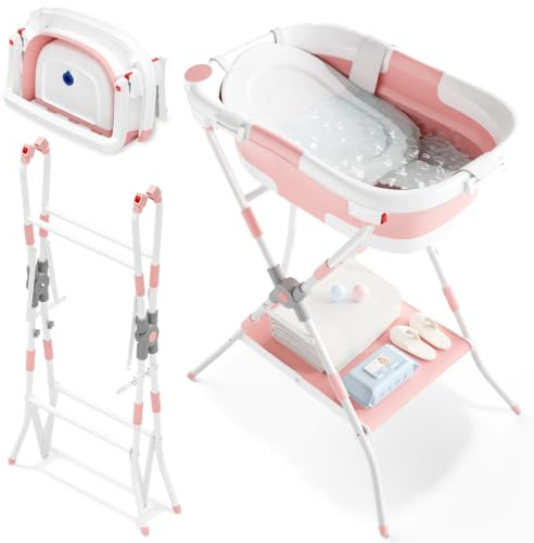 2-in-1 Baby Badewanne mit Gestell, Faltbare Badewanne Baby mit Badestütznetz, Geeignet für Neugeborene bis Kleinkinder, Mehrzweck- und Faltdesign zur Aufbewahrung, Ideal für Reisen und im Freien, Rosa