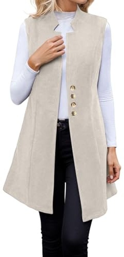 Generisch Gilet lungo da donna in stile trench senza maniche monopetto cappotto elegante cardigan con tasche per tutti i giorni, 02, XXL