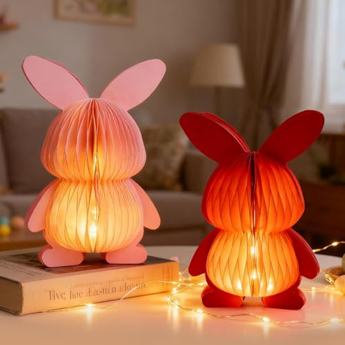 Osterdeko LED Papier Osterhasen Deko, Waben Papier Osterhase Faltbar mit Licht Magnet & Batterie, Osterdeko Beleuchtet Papierhasen Auffalten, Osterhase Deko Ostern Tisch, Wabenpapier Osterhasen (Set)