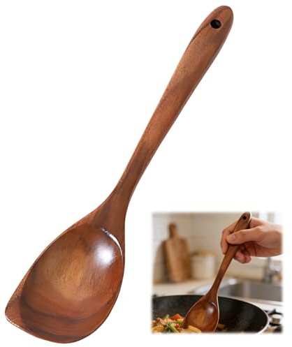 Wooden Spoons for Cooking,32.5 cm Length Teak Wood Spoon Long,Handle Teak Wooden Cooking Utensils, Stirring in Deep Pots and Scraping Corners