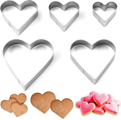 RhiVrillion Set de 5 Moldes de Corazón de Acero Inoxidable, Cortadores Galletas en Forma Corazón para Repostería, Moldes para Tarta, Brownies, Frutas y Sándwiches