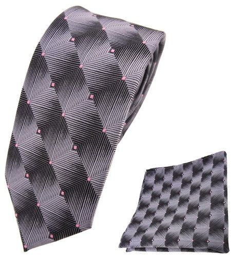 TigerTie - schmale Designer Krawatte Designer Einstecktuch in grau silber anthrazit rosa gepunktet