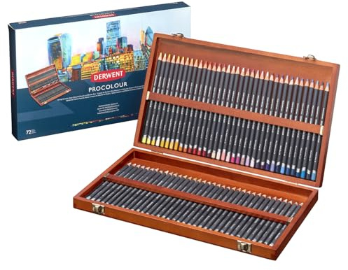 Derwent Procolour Colouring Pencils Set Of 72 In Wooden Gift Box, 4mm Round Core, Premium Core Strength, Smooth Texture, Ideal For Fine Art Drawing & Colouring, Professional Quality, 2302524