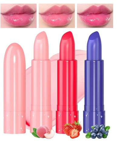 Prreal 3 Piece Colour Changing Lip Balm Set, Moisturising Temperature Lipstick, Crystal Jelly Lipstick, Waterproof Long-Lasting Fruity Colour Change Lipstick for Lip Care Dry Lips(Set A)
