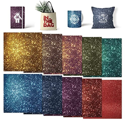 Insoluble Transfer Sheets-Glitter-Sublimation Paper for T-Shirts Cup Coasters Mug,10 PCS/Set, 12x12（Gold Green Blue Purple Brown）