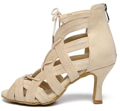 RUYBOZRY Women's Open Toe Ankle Latin Dance Boots Salsa Ballrooom Performence Practice Dance Shoes peep Toe Shoe Boots,Model YCL482-Beige-6,UK 5.5