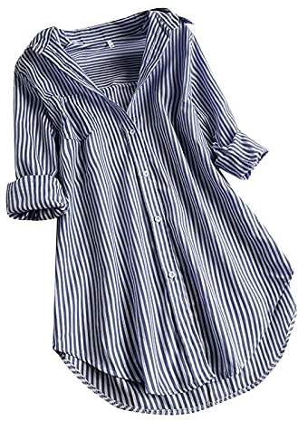 Longbluse Damen Elegant Langarmshirt Longbluse Blau-Weiß Gestreifte Lang Damenhemd Sommer Oversized Tunika Hemd Mode V-Ausschnitt Leicht Große Größen Oberteile Tops Streifenbluse Hemdbluse @A