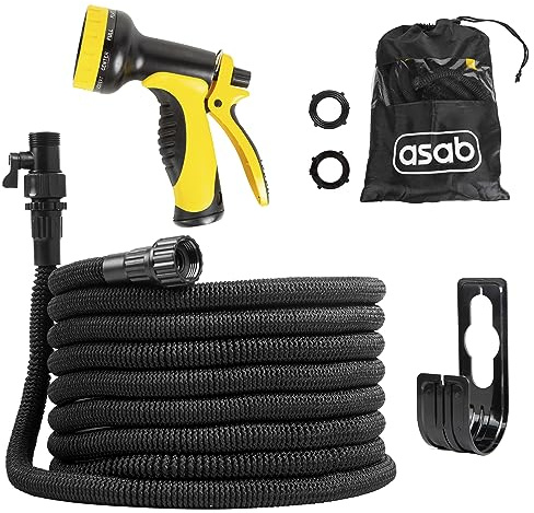 ASAB Expandable Garden Hose 50FT Expanding Hose with 7 Spray Settings High Density Flexible Pipe Portable Lightweight Design Anti-Slip Handle Latex Core Trigger Lock Garden Spray Gun (50 FT Black)