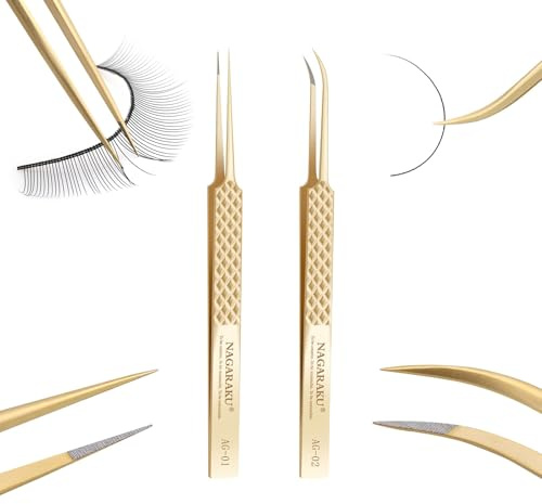 NAGARAKU Fiber Tip Wimpernpinzette Set AG-01 & 02 Gold Edelstahl Präzisionspinzetten für Präzise Wimperntrennung & Volumenfächer Extra Lange Gerade und J-Gebogene Spitze Diamond Rutschfester Grip