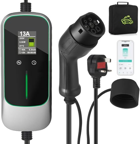 Portable Type 2 Charging Cable UK 3 PIN Wifi Control Model 2 Adjustable Current 8A/10A/13A/16A, 8M Timing Delay Funtion 1-12Hours IP65 Max Waterproof level, EV Home Ev Charger Type 2