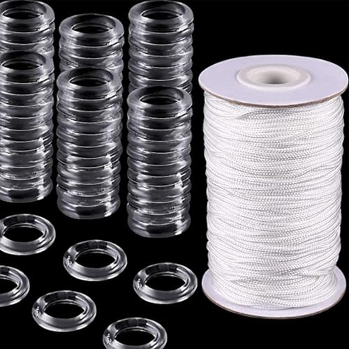 100 st romerska gardinringar och 50 m, 1,8 mm, romersk persiennsnöre, genomskinliga O-ringar i plast för gardinringar, persienner, gardintillbehör för installation och reparation av romersk skuggor