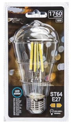 VoltShine Bombilla LED filamento ST64 E27 16W, luz cálida, 220-240V, ahorro energético, decorativa para ambientes acogedores y contemporáneos.