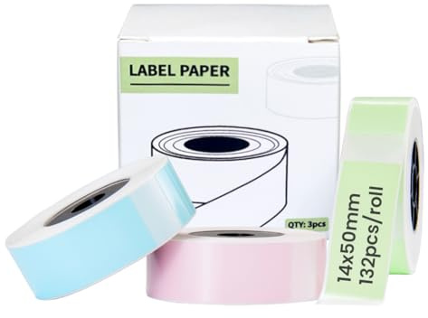 3 Rollen Etikettendruckerpapier 14 x 50 mm, Selbstklebende Thermoetikettenpapierband, Etikettenaufkleber, Kompatibel mit HP2 HP3 HP4 HP6, 396 Etiketten, Geeignet für Geschenke, Zuhause, Schule, Büro